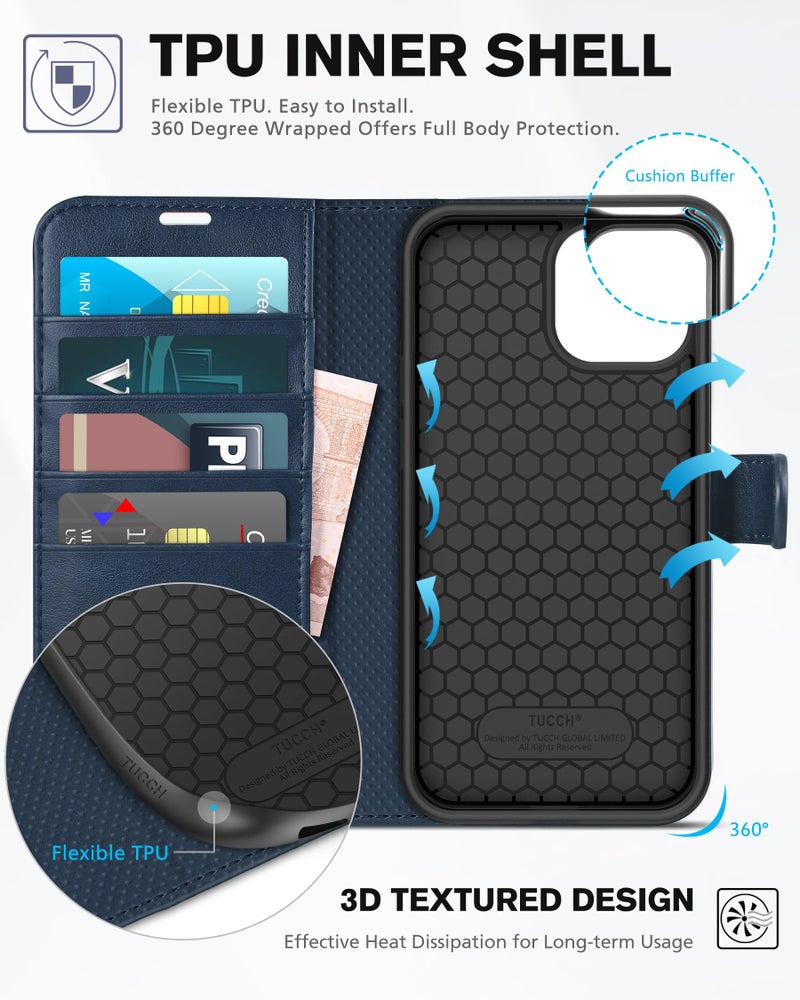 TUCCH حافظة TUCCH لهاتف iPhone 13 Pro Max، حافظة محفظة من جلد PU مع حماية RFID لحامل بطاقات الائتمان، غطاء قابل للطي مع قاعدة مغناطيسية [حافظة داخلية مقاومة للصدمات TPU] متوافقة مع iPhone 13 Pro Max 6.7" باللون الأزرق الداكن - Image 5