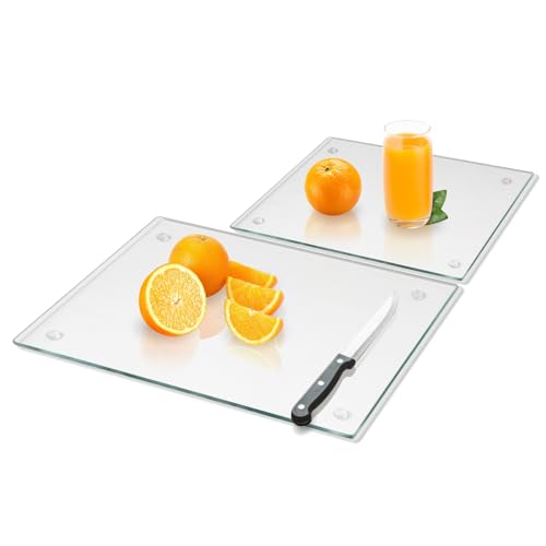Mymonfif Tempered Glass Cutting Board for Kitchen, Clear Glass Board for Countertop, Heat Resistant, with Non-Slip Feet, 12x16" & 12x8" 2 Pcs Clear - Image 1