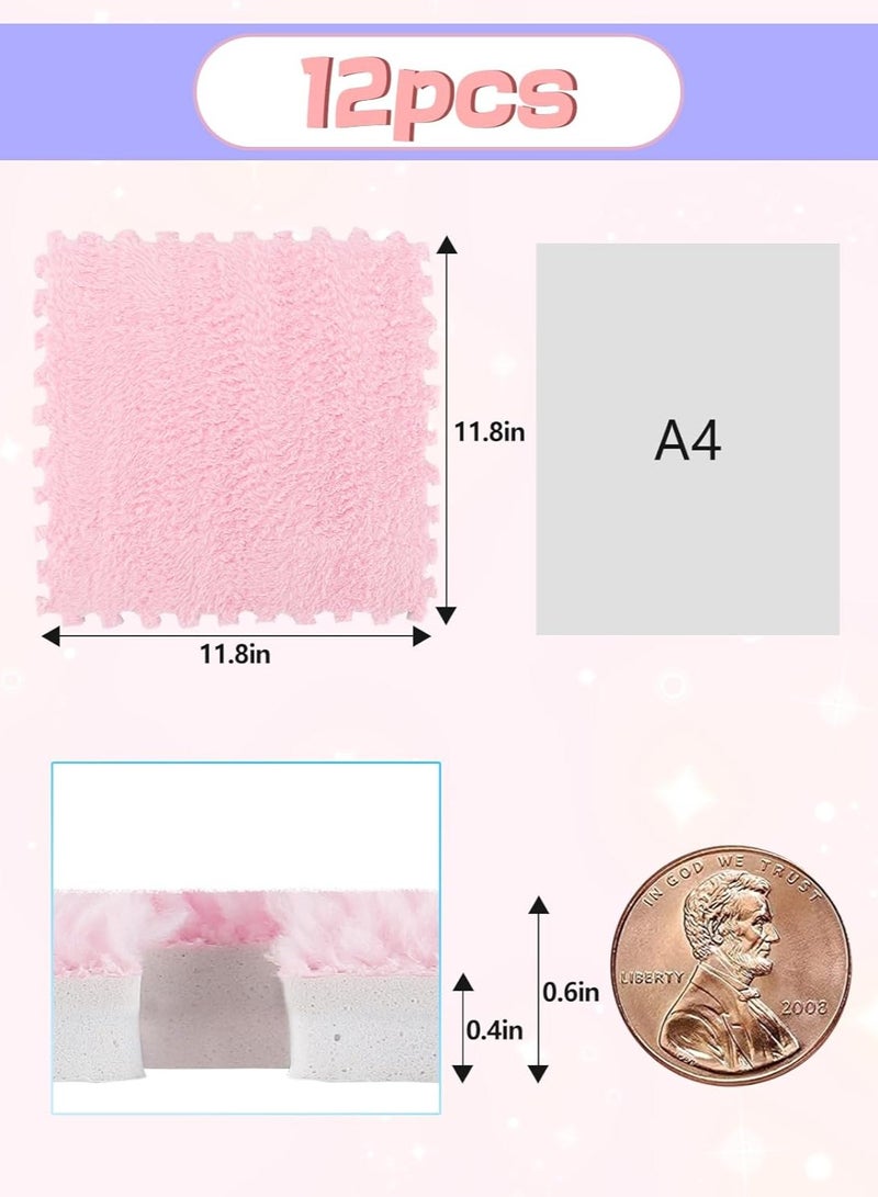 TAPIT 12 Pcs Interlocking Carpet Shaggy Soft EVA Foam Mats 11.8 x 11.8 Inch Fluffy Area Rugs Protective Floor Tiles Exercise Play Mat for Home Playroom Decor/Exercise Gym Mats (Pink11.8 x 11.8 Inch) - Image 3