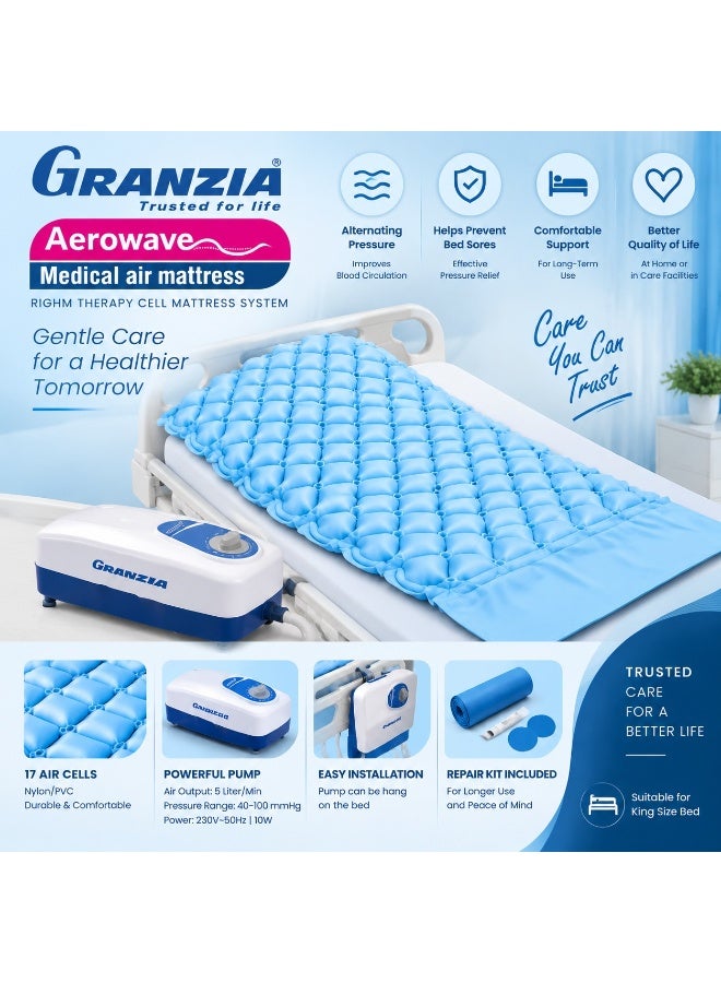  جرانزيا مرتبة طبية هوائية احترافية Granzia Aerowave Padotrix بنظام خلايا الهواء المتتابعة لتوزيع الضغط بشكل متساوي مع 17 خلية داعمة ومضخة هواء عالية الأداء وتصميم مقاوم للماء مناسب للسرير الكبير والرعاية اليومية طويلة المدى بضمان سنتين - Image 4