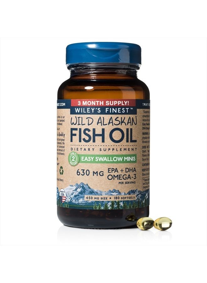 Wiley's Finest Wild Alaskan Fish Oil Easy Swallow Minis - Omega-3 Fish Oil Supplement for Adults and Kids - Double-Strength 630mg EPA and DHA Natural Supplement - 180 Mini Softgels (90 Servings) 