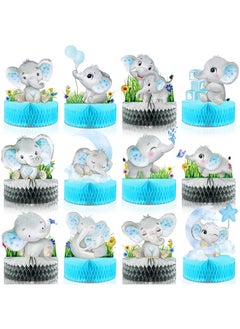 12 Pcs Blue Elephant Honeycomb Centerpieces, Floral Elephant Table Decorations, Baby Shower Centerpieces Elephant Double Sided Baby Shower Decorations Elephant Centerpiece For Baby Shower Party Supply