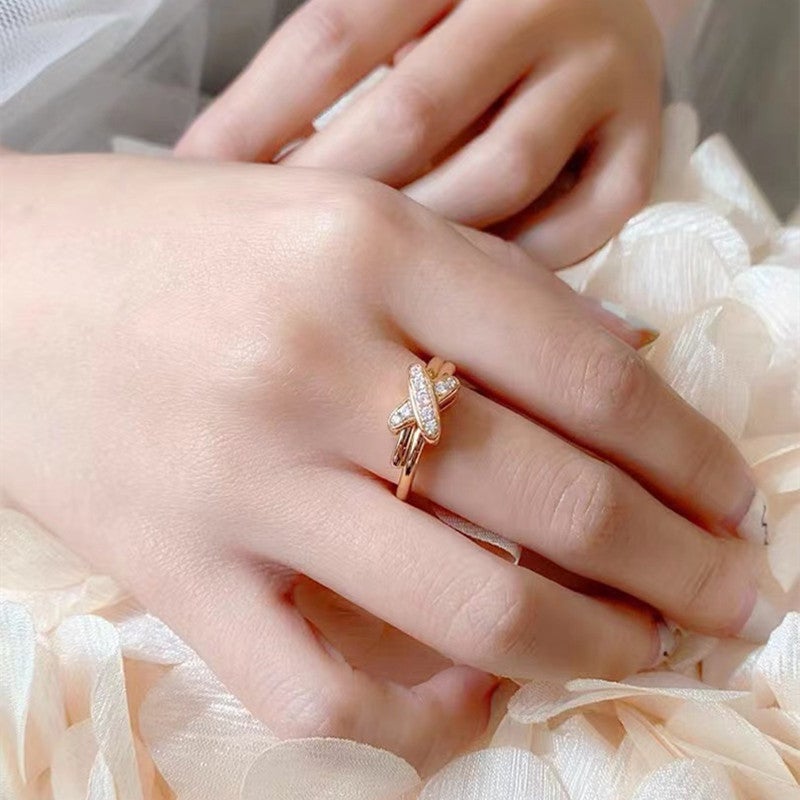 New Shangjia Cross Ring All-match liens Simple Sterling Silver Ring Womens Life-long Light Luxury All-match ElegantRose Gold Between Drill Rose Gold Between Drill