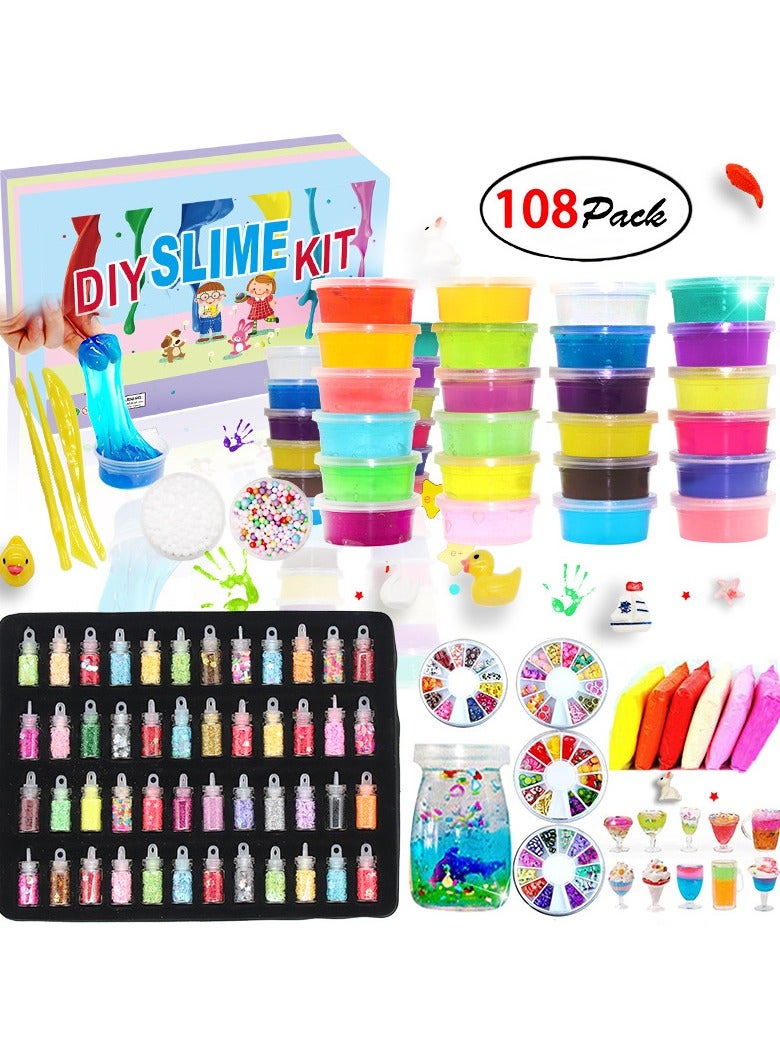 Ultimate 108-Piece Slime Toy Kit for Kids – A colorful DIY slime-making set with crystal slime, colored glitter, foam balls, plastic slices, colorful mud, cutting utensils, sparkle sugar papers, slime contains, charms, and tools. Perfect for creative kids’ crafts, sensory play, stress relief, birthday gifts, and educational toys. Ideal for boys and girls who love slime toys and hands-on fun/ Slime Toys/ DIY slime kit/ Slime accessories/ Kids toys/ Safe, non-toxic, and hours of fun - Image 1