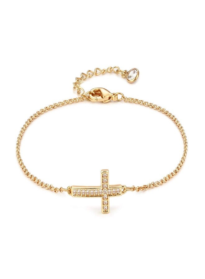 LOYATA Sideway Cross Bracelet Gold Diamond Cubic Zirconia 14K Gold Plated Dainty Chain Simple Jewelry Gift for Women - Image 1
