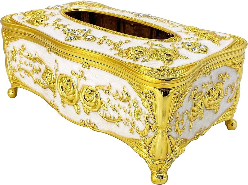 Wrixty Tissue Box Holder Luxurious European Style Rose Tissue Box Cover for Bedroom Office Bathroom Home Travel Restaurant Golden White - Image 1