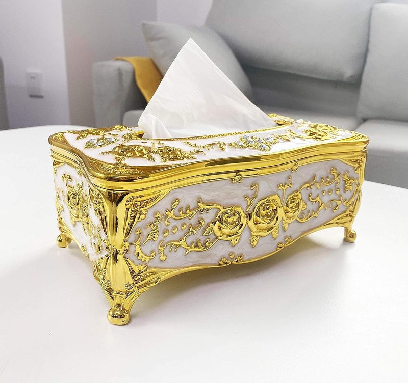 Wrixty Tissue Box Holder Luxurious European Style Rose Tissue Box Cover for Bedroom Office Bathroom Home Travel Restaurant Golden White - Image 3