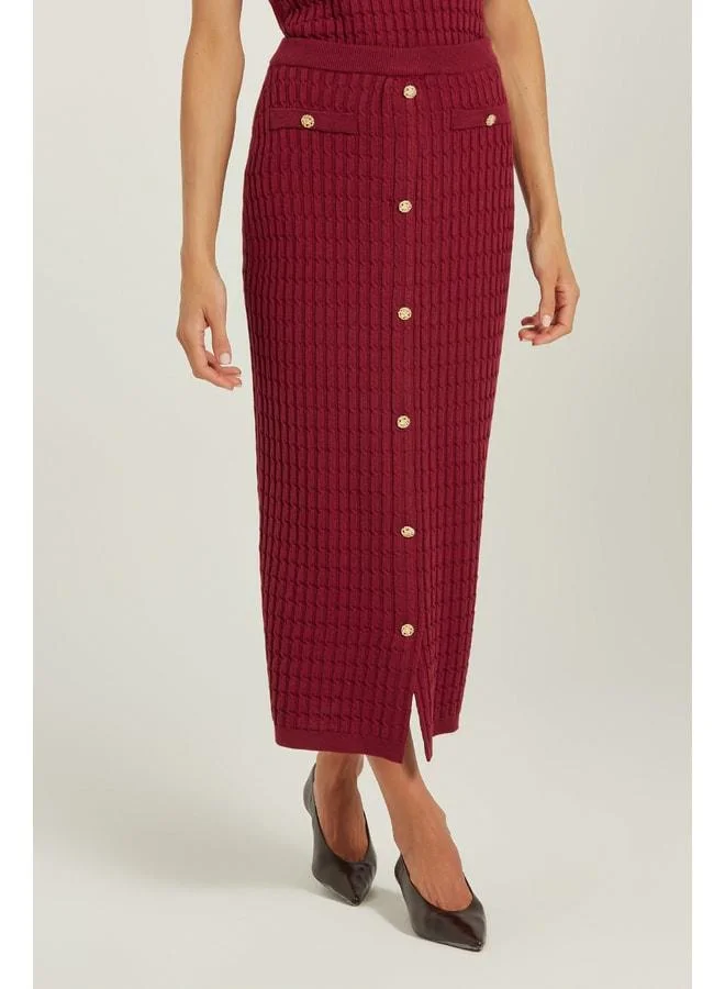 Mısırlı 1951 Burgundy Knit-Textured Gold-Button Midi Skirt