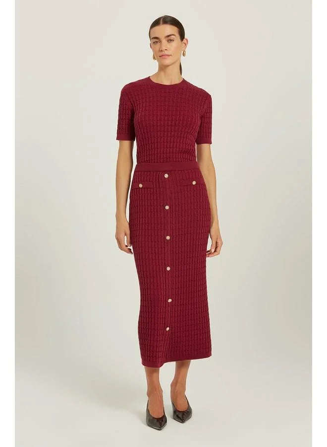 Mısırlı 1951 Burgundy Knit-Textured Gold-Button Midi Skirt