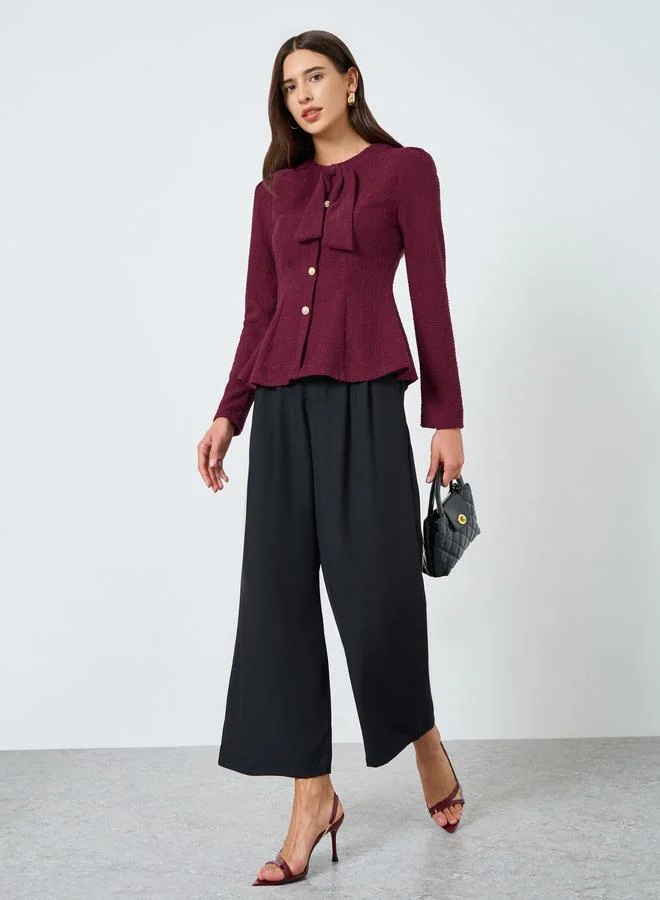 Take Two Textured Tie-Up Button Front Long Sleeve Top