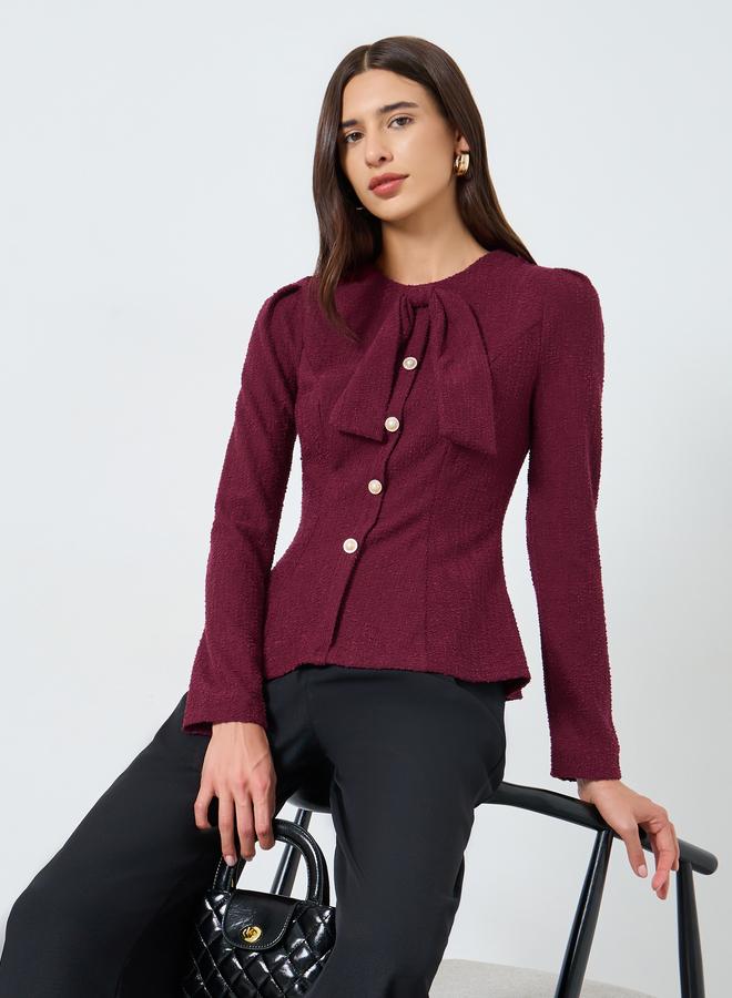 Take Two Textured Tie-Up Button Front Long Sleeve Top - Image 1
