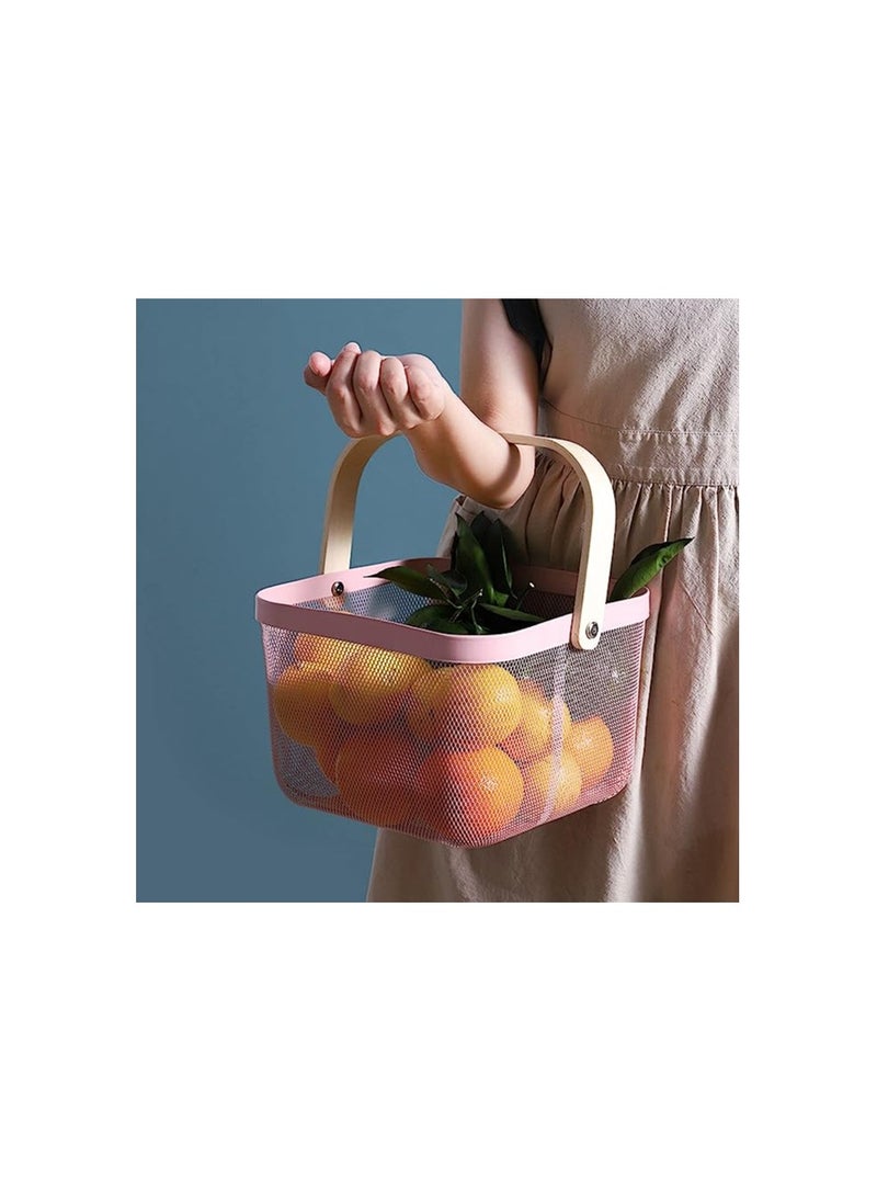 Spaceshoop Metal Mesh Steel Storage Organizer Basket Multi Function Wire Hanging Kitchen Baskets Fruit Basket with Bamboo Handle Ideal for Kitchen Bathroom Pantry Cabinet Home Shopping  - Image 4