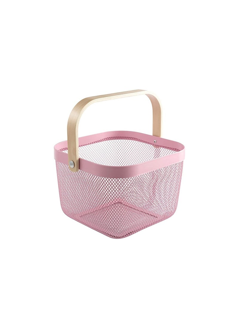Spaceshoop Metal Mesh Steel Storage Organizer Basket Multi Function Wire Hanging Kitchen Baskets Fruit Basket with Bamboo Handle Ideal for Kitchen Bathroom Pantry Cabinet Home Shopping  - Image 1