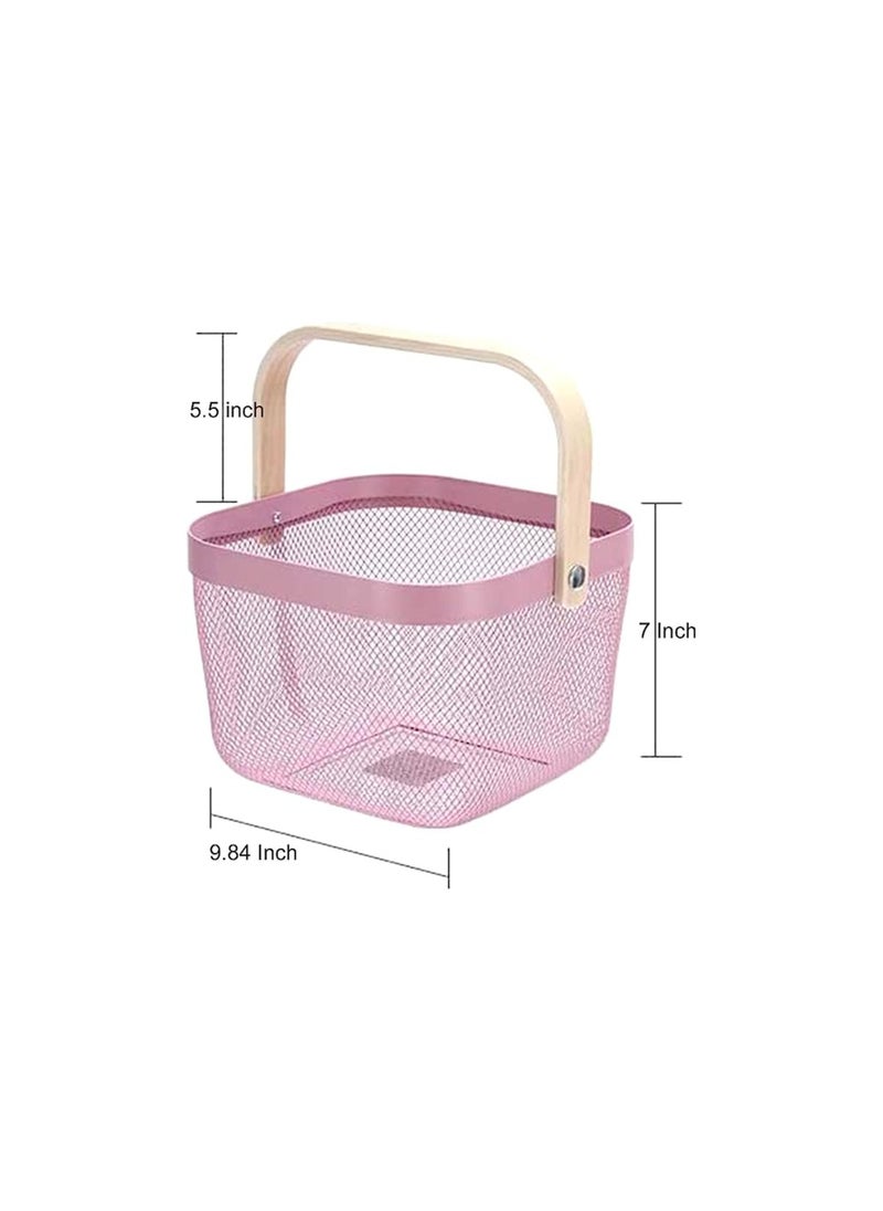 Spaceshoop Metal Mesh Steel Storage Organizer Basket Multi Function Wire Hanging Kitchen Baskets Fruit Basket with Bamboo Handle Ideal for Kitchen Bathroom Pantry Cabinet Home Shopping  - Image 2