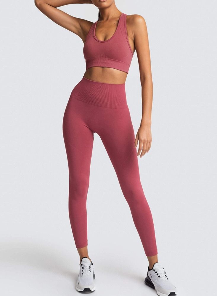 Loquat Fitness Back Bra Solid Color Sports Set Red Bean Paste  - Image 1