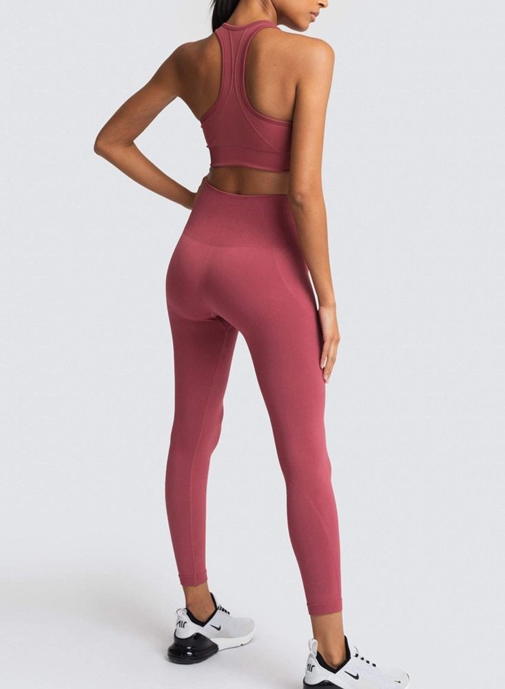 Loquat Fitness Back Bra Solid Color Sports Set Red Bean Paste  - Image 3