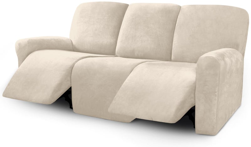 ULTICOR Velvet 8Pieces Recliner Sofa Covers Stretch Reclining Couch Covers for 3 Cushion Reclining Sofa Slipcovers Furniture Covers Thick Soft Washable 3 Seater Recliner Cover White