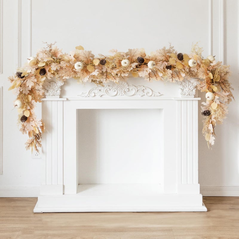 MISSPIN 6FT Boho Fall Garland Fall Decor Autumn Maples Leaf Garland for Autumn Decor Hanging Vine for Halloween Thanksgiving Home Wedding Fireplace Party ChristmasBeige