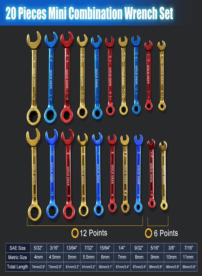 GOLD DEER 20 Pcs Color Plated Small Wrench Set Standard Metric and SAE 5/32"-7/16" & 4-11mm Extra Slim Spanners Mini Wrench Set Open End and Box End Ignition Wrenches with Roll Pouch and Big Ring - Image 4