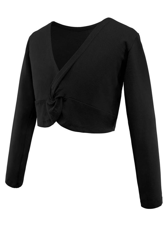 Daydance Black Toddler Girl's Ballet Wrap Tops Cropped V-Neck Dance Shrugs for Leotards, Long Sleeve - Image 1