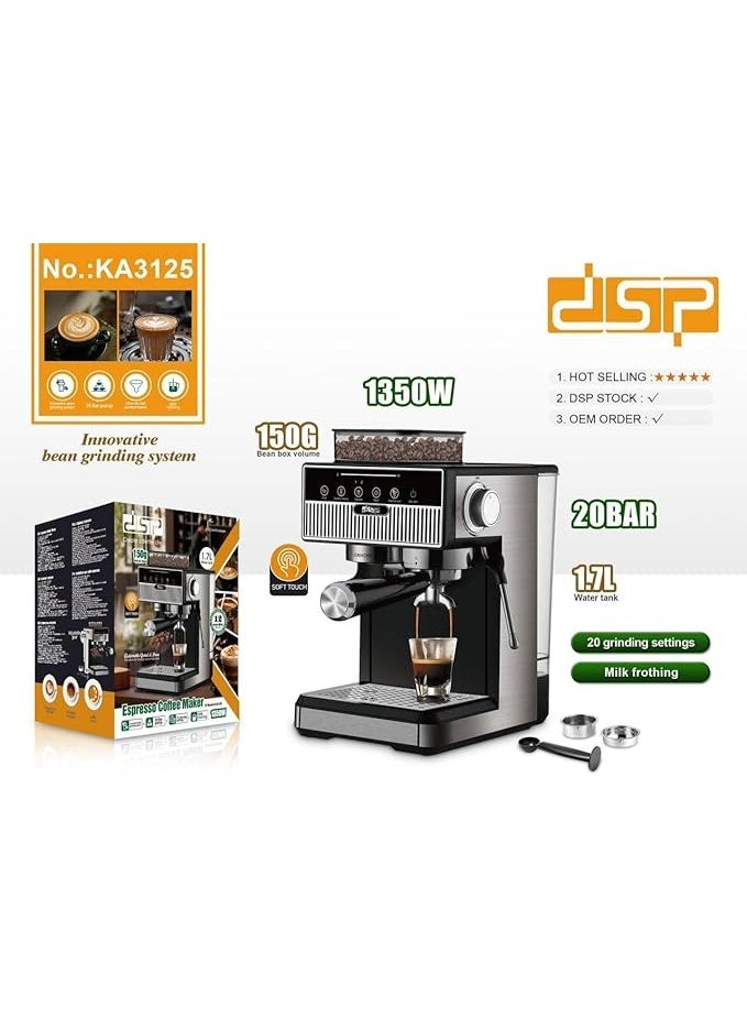 DSP Professional Coffee Machine Stainless Steel Home Use Espresso Coffee Maker 1.7L 20bar Espresso Coffee Maker 1350W with innovative 150g bean Grinding system KA3125 - Image 4