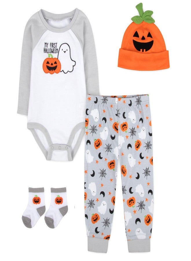 Baby Essentials Baby Halloween Outfit 4-Piece Set – Pumpkin & Ghost Bodysuit, Pants, Hat & Socks My First Halloween Clothes (9 months) - Image 1