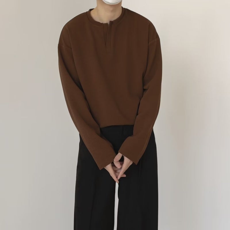 Spring And Autum Small V Neck Long-Sleeved T-Shirt Men'S Ins Hong Kong Style Retro Loose Casual T-Shirt Korean Style Trendyy Pure Color Top - Image 5