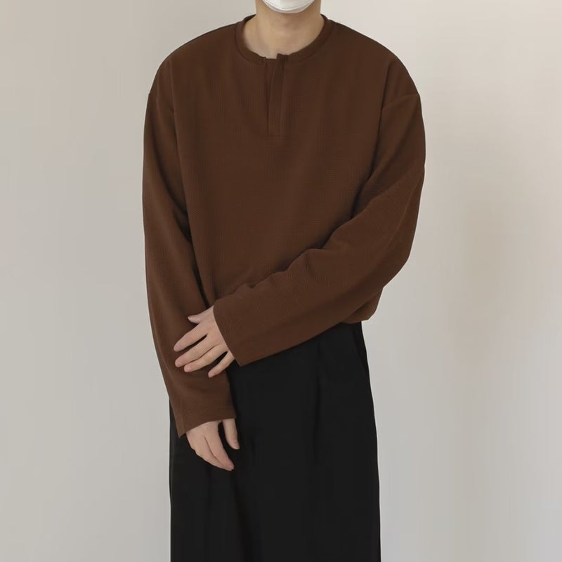 Spring And Autum Small V Neck Long-Sleeved T-Shirt Men'S Ins Hong Kong Style Retro Loose Casual T-Shirt Korean Style Trendyy Pure Color Top - Image 2