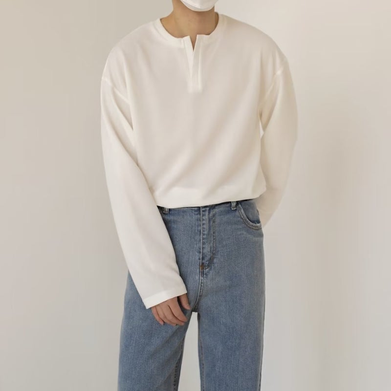 Spring And Autum Small V Neck Long-Sleeved T-Shirt Men'S Ins Hong Kong Style Retro Loose Casual T-Shirt Korean Style Trendyy Pure Color Top - Image 3