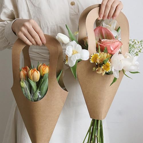 Festiko Flower Bouquet Bags Pack of 10 Kraft Paper Flower Carry Bags with Handle for Flower Wrapping, Bouquet Packing, Gift Packaging for Birthdays, Weddings, Anniversary Decoration Supplies - Image 4