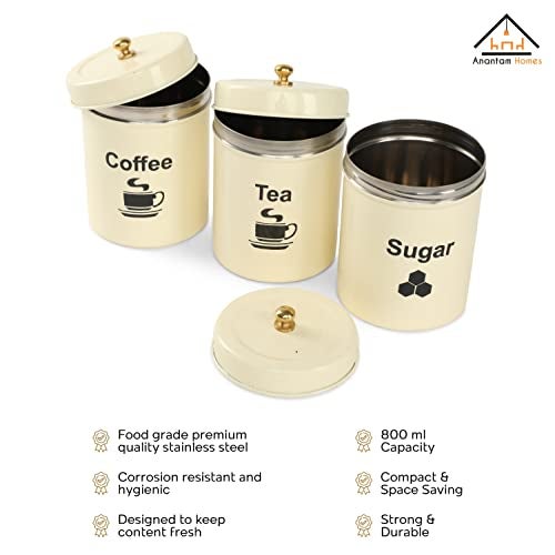 anantam homes Colourful Tea Sugar Coffee Container Set Of 3|Kitchen Counter Top Airtight Stainless Steel Food Storage Canister With Lids For Flour Sugar Cereal Coffee Tea (Tcs -Ivory), Blue - Image 3