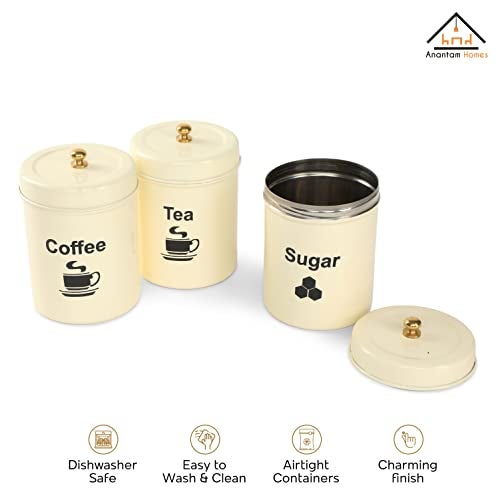 anantam homes Colourful Tea Sugar Coffee Container Set Of 3|Kitchen Counter Top Airtight Stainless Steel Food Storage Canister With Lids For Flour Sugar Cereal Coffee Tea (Tcs -Ivory), Blue - Image 4