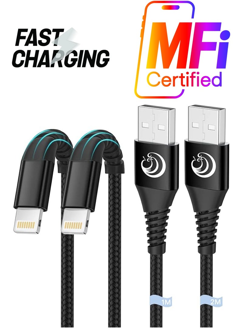 Aioneus كابل شاحن 1م + 2م كابل لايتنينغ معتمد من MFi كابل آيفون سريع كابل شحن آيفون مضفر من النايلون متوافق مع آيفون 14 13 SE 2020 12 11 برو XS ماكس XR 10 8 7 بلس 6 6s بلس - Image 1
