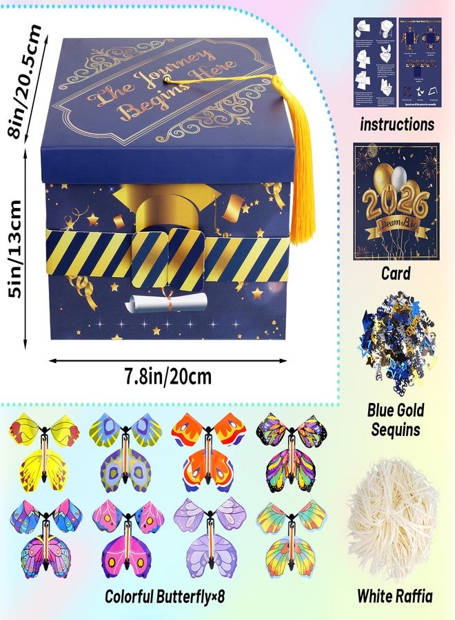 Prewplam 2026 Flying Butterfly Surprise Box, Graduation Gift Boxes with 8 Pcs Flying Butterfly, Explosion Graduation Gift Box High School College Graduation Party Favors - Blue and Gold - Image 2