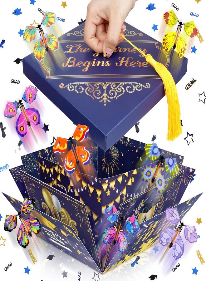 Prewplam 2026 Flying Butterfly Surprise Box, Graduation Gift Boxes with 8 Pcs Flying Butterfly, Explosion Graduation Gift Box High School College Graduation Party Favors - Blue and Gold - Image 1
