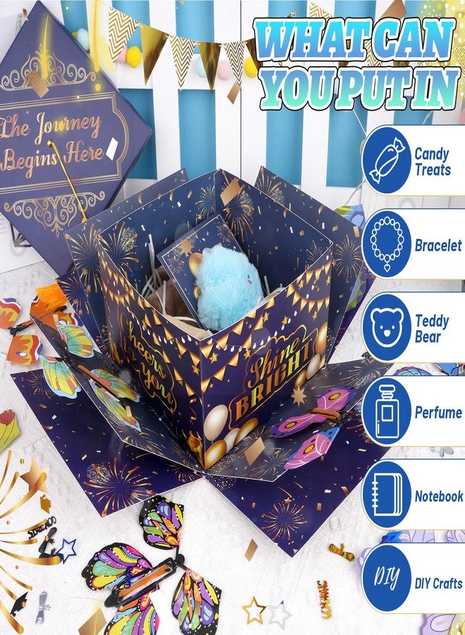 Prewplam 2026 Flying Butterfly Surprise Box, Graduation Gift Boxes with 8 Pcs Flying Butterfly, Explosion Graduation Gift Box High School College Graduation Party Favors - Blue and Gold - Image 4