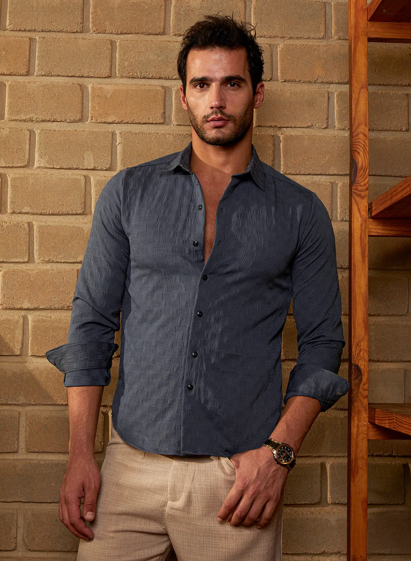 Campus Sutra Men's Charcoal Grey Cubic-Tactile Shirt For Casual Wear | Spread Collar | Long Cuffed Sleeves | Button Closure | Shirt Crafted With Comfort Fit For Everyday Wear