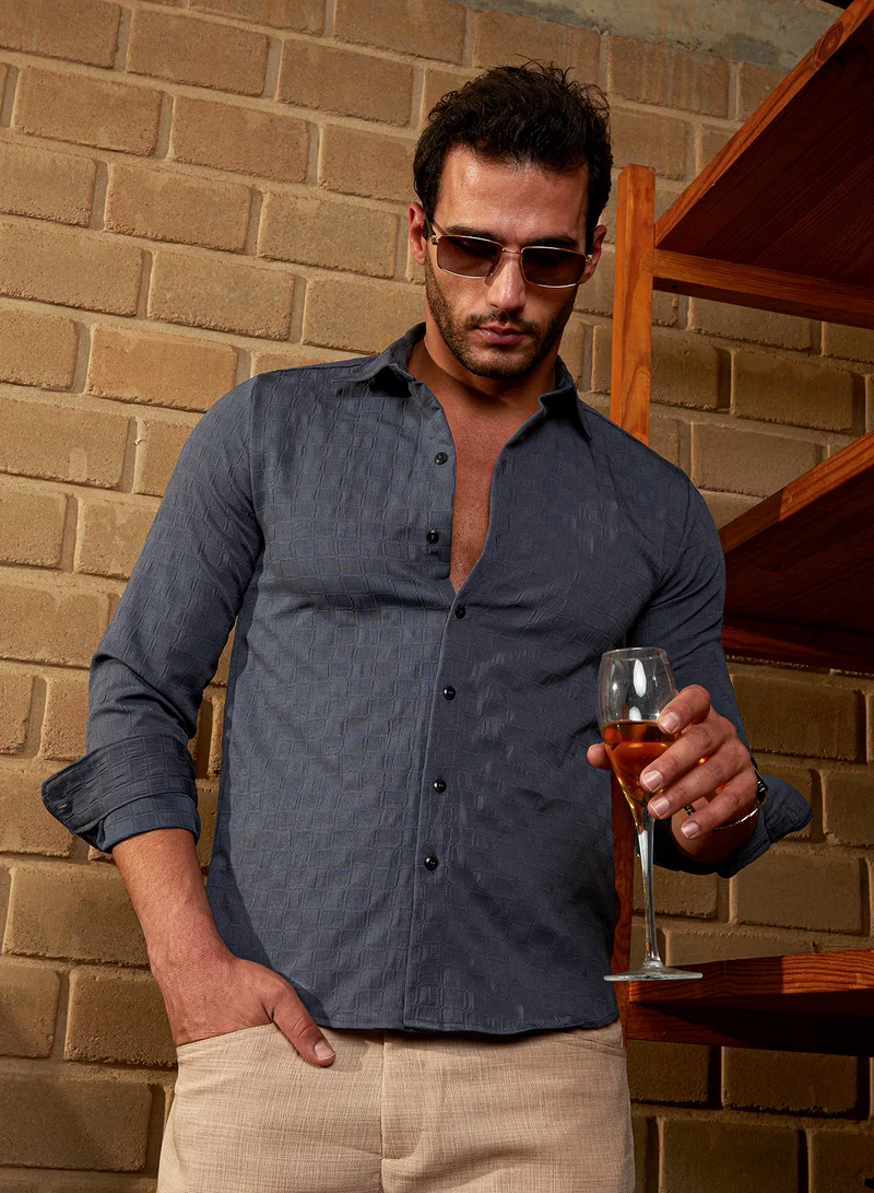 Campus Sutra Men's Charcoal Grey Cubic-Tactile Shirt For Casual Wear | Spread Collar | Long Cuffed Sleeves | Button Closure | Shirt Crafted With Comfort Fit For Everyday Wear