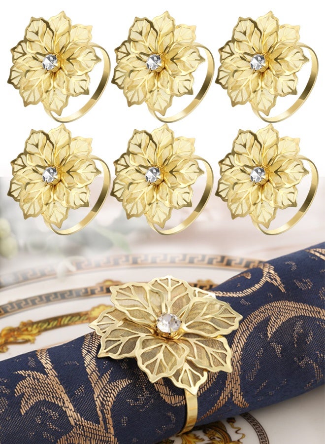 6 Pcs Gold Hollow Flower Napkin Rings, Metal Rhinestone Decorative Serviette Buckles for Wedding, Banquet, Thanksgiving, Christmas Dinner Table Decor - Image 1