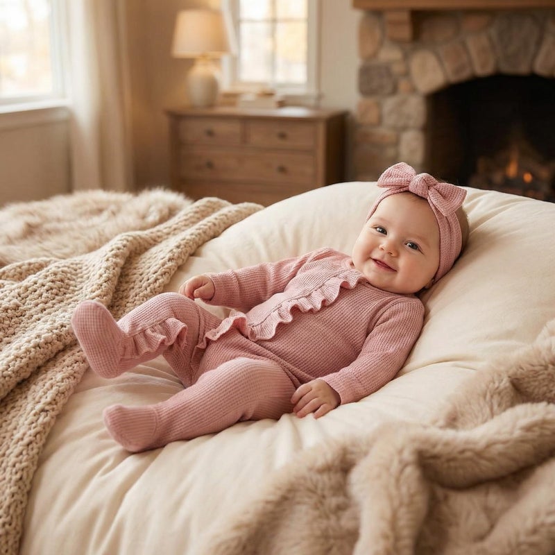 CIYCUIT Baby Girls Clothes Newborn Long Sleeve Zip Up Onesie Romper with Headband Fall Winter Outfits Pink 0-3 Months - Image 4
