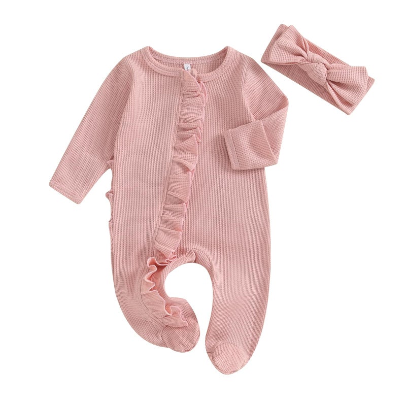 CIYCUIT Baby Girls Clothes Newborn Long Sleeve Zip Up Onesie Romper with Headband Fall Winter Outfits Pink 0-3 Months - Image 1