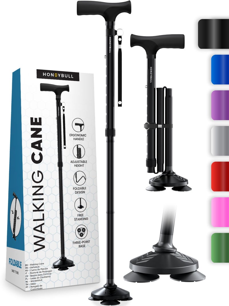 HONEYBULL HONEYBULL Walking Cane for Men Women Foldable Adjustable Collapsible Free Standing Cane Pivot Tip Heavy Duty Walking Sticks Folding Canes for Seniors Adults Black Pivot Cane