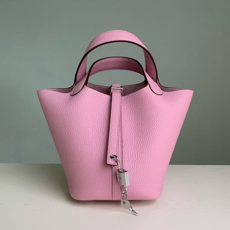 18cm Wax Line Hand Sewed TC Top Layer Cowhide Vegetable Basket Bag Bucket Bag Genuine Leather Womens Bag Handbag Okra purple 
