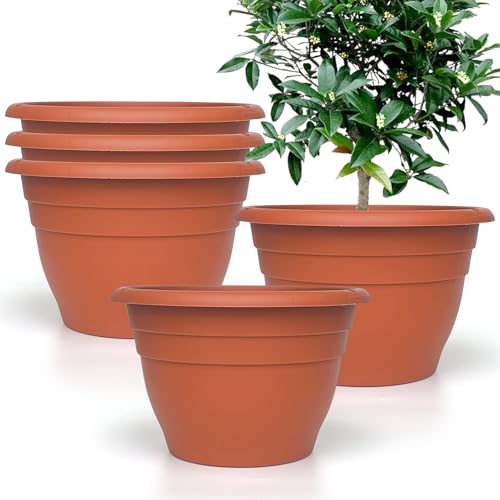 RooTrimmer Plant Pots Set of 5, 10" Outside Diameter Flower Pots, 8.5" Inner Diameter Plant Planters with Drainage Hole, Durable Garden Pots Perfect for Indoor & Outdoor Plant Planting, Decor(Pottery Red) - Image 1