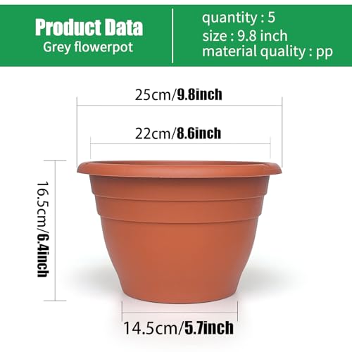RooTrimmer Plant Pots Set of 5, 10" Outside Diameter Flower Pots, 8.5" Inner Diameter Plant Planters with Drainage Hole, Durable Garden Pots Perfect for Indoor & Outdoor Plant Planting, Decor(Pottery Red) - Image 5
