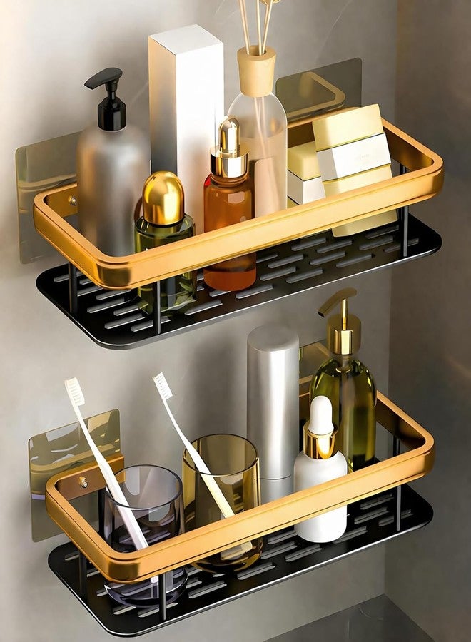 Barebeauty Multipurpose Self-Adhesive Aluminium Bathroom Wall Mounted Storage Organiser Shelf Holder/Rack/Bathroom Accessories for Shampoo, Soap, Toiletries (Pack of 2) (Golden) - Image 1