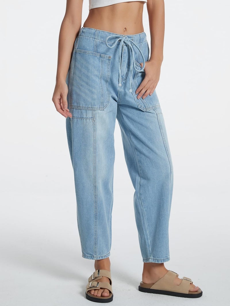 LifeShe Women's Wide Leg Baggy Jeans Elastic Waist Barrel Jeans Trendy Loose Drawstring Ankle Denim Pants Light Blue - Image 5