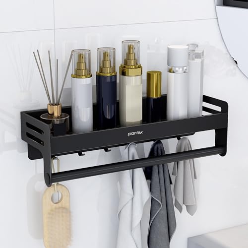 Plantex Aluminium Self Adhesive Bathroom Shelf with Towel Rod and Movable Hooks/Rack Shelf for Bathroom/Kitchen Shelf Organizer (Black) - Image 1
