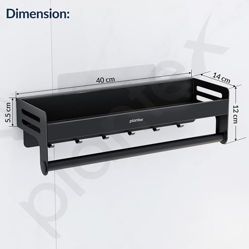 Plantex Aluminium Self Adhesive Bathroom Shelf with Towel Rod and Movable Hooks/Rack Shelf for Bathroom/Kitchen Shelf Organizer (Black) - Image 5