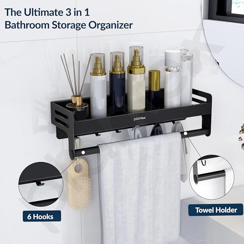 Plantex Aluminium Self Adhesive Bathroom Shelf with Towel Rod and Movable Hooks/Rack Shelf for Bathroom/Kitchen Shelf Organizer (Black) - Image 3